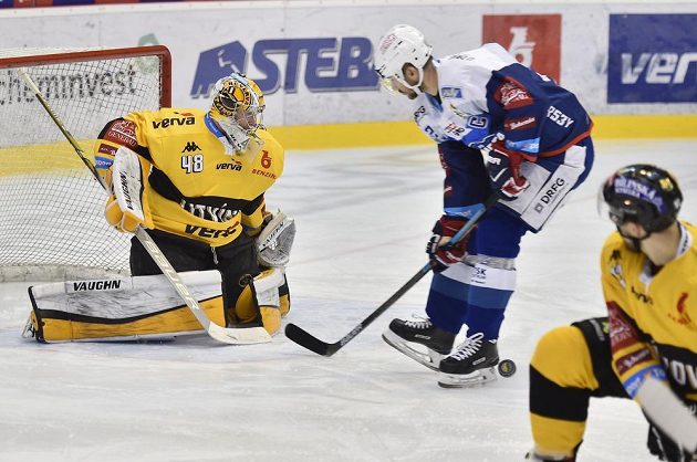 Zleva brankář Litvínova Michael Petrásek a Leoš Čermák z Brna během extraligového utkání.