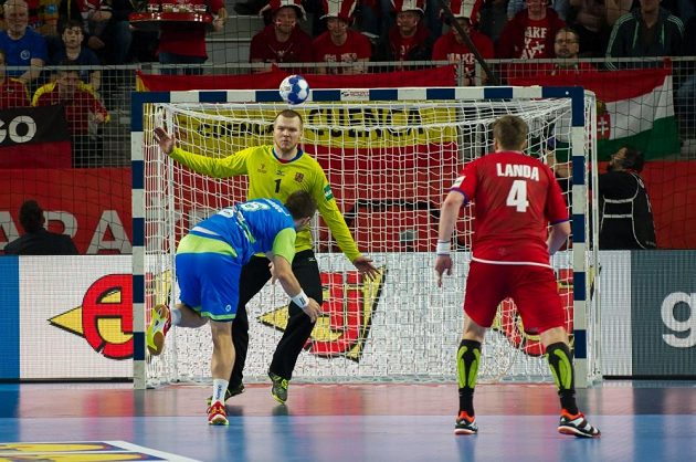 Brankář Tomáš Mrkva zasahuje proti slovinskému střelci. Vpravo Jan Landa.