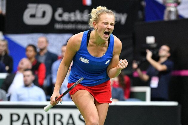 Emoce Kateřiny Siniakové proti Sofii Keninové z amerického týmu ve finále Fed Cupu v Praze.