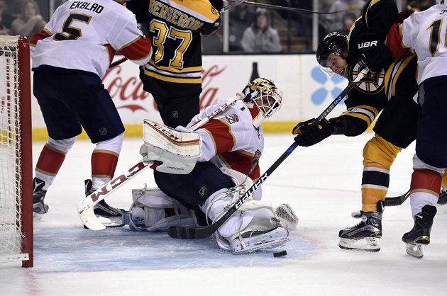Roberto Luongo (1) z Floridy zachraňuje před Davidem Pastrňákem (88) z Bostonu.