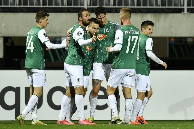 Jablonec players rejoice at the goal against Randers.