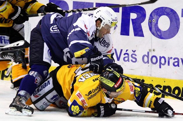 Litvínovský útočník Rostislav Martynek (na ledě) a Lukáš Pulpán z Plzně v utkání 15. kola hokejové Tipsport extraligy.