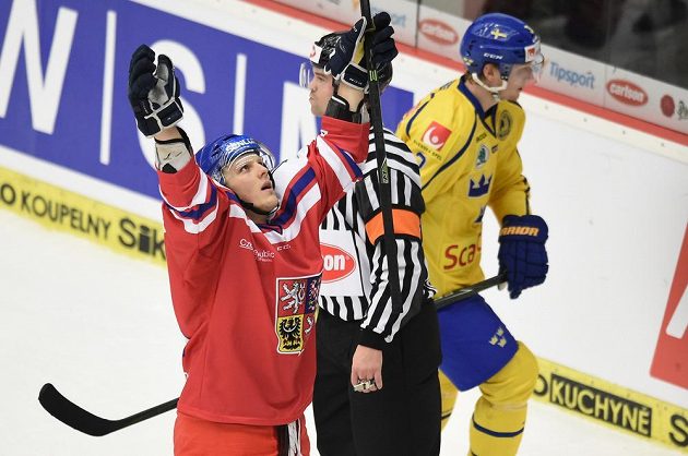 Radim Šimek se raduje z gólu proti Švédům na turnaji EHT v Českých Budějovicích.