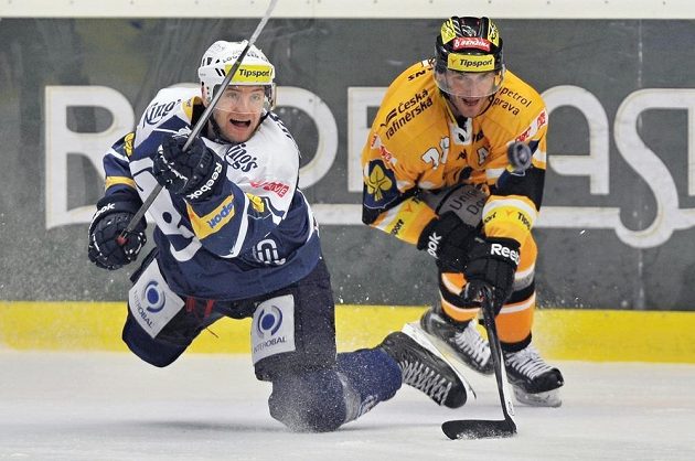 Plzeňský obránce Jakub Jeřábek (vlevo) a litvínovský útočník Robin Hanzl v utkání 28. kola Tipsport extraligy.