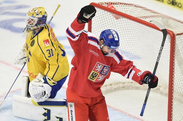 Český útočník Michal Birner se raduje z gólu proti Švédům v Českých Budějovicích.