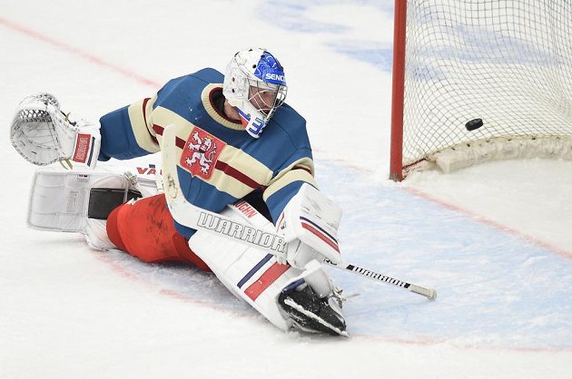Český brankář Pavel Francouz inkasuje od Švédů gólna Carlson Hockey Games v Českých Budějovicích.