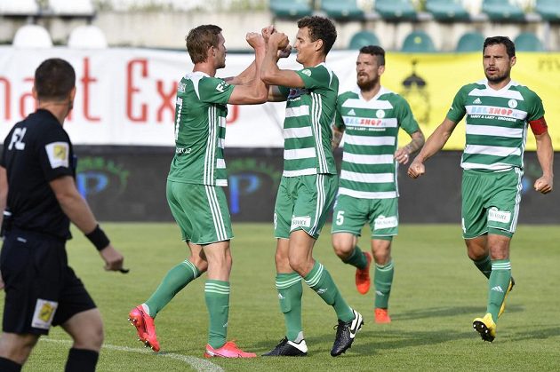 Hráči Bohemians se radují z gólu Petra Hronka (vlevo přijímá gratulaci) proti Teplicím.