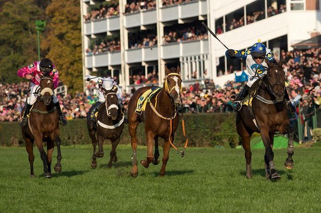 Marek Stromský v sedle Nikase (vpravo) míří za triumfem ve 125. ročníku Velké pardubické.