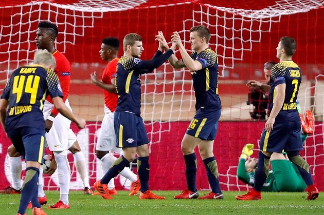 Fotbalista RB Lipsko Timo Werner slaví gól v utkání Ligy mistrů na hřišti Monaka. Za první poločas slavil německý tým hned čtyřikrát.