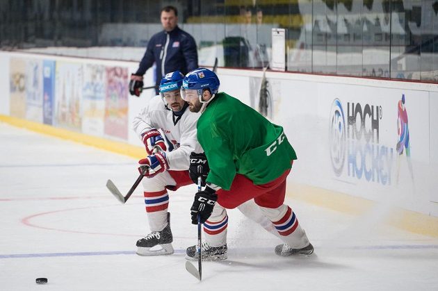 Hokejisté Tomáš Plekanec (vlevo) a Robert Kousal během tréninku reprezentace ve Znojmě.
