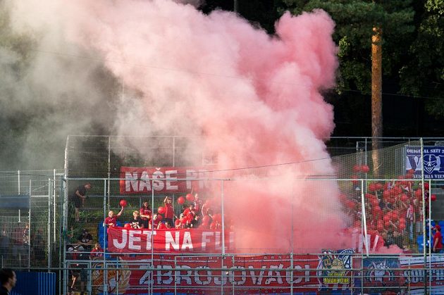 Smokestacks in the sector of Brno fans during the match in Zlín.