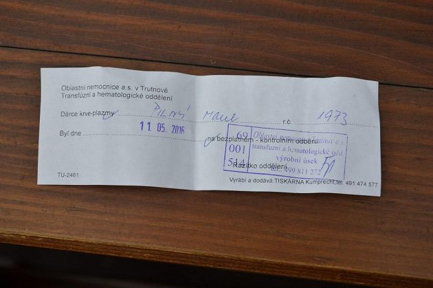 Potvrzení o odběru Marka Pilného s datem 11. května, tedy v den utkání v Příbrami.