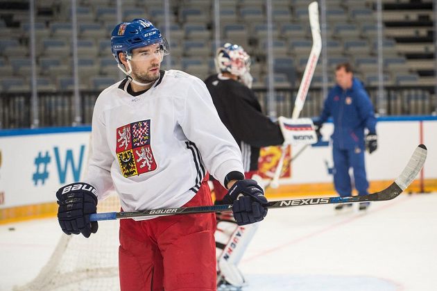 Útočník Michal Birner během tréninku české hokejové reprezentace v pražské O2 areně.