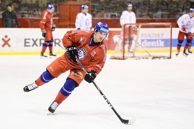 Jakub Flek během tréninku hokejové reprezentace před turnajem Beijer Hockey Games.