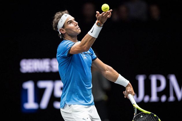 Rafael Nadal z týmu Evropy během zápasu s Jackem Sockem z týmu světa v rámci tenisového turnaje Laver Cup 2017.