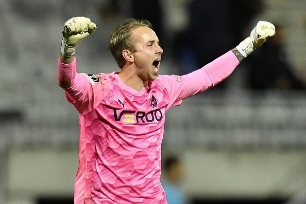 Teh keeper Patrik Carlgren from Randers rejoices at the goal against Jablonec.