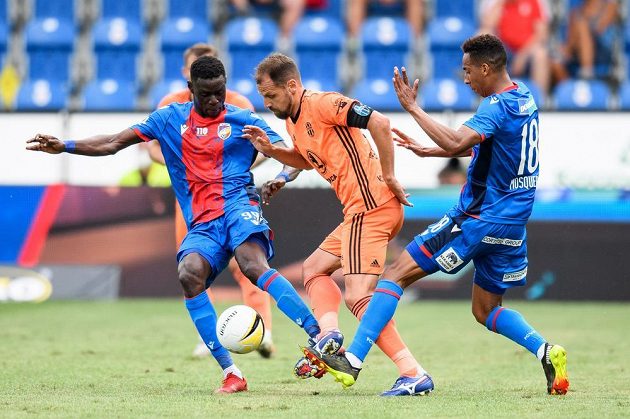 Modou Ndiaye from Viktoria Plzeň, Marek Matějovský from Mladá Boleslav and Jhon Mosquera from Viktoria Plzeň during the 1st round match.