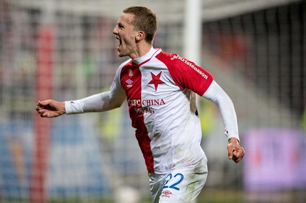 Tomáš Souček ze Slavie Praha slaví gól proti Baníku Ostrava v zápase 19. kola Synot ligy.