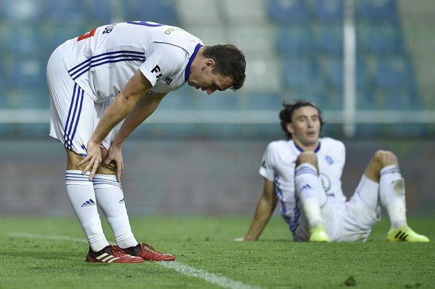 Disappointed Mladá Boleslav footballers Jakub Klíma and Alexej Tatajev after a collected goal.