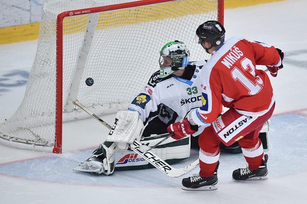 Útočník Olomouce Tomáš Mikúš střílí rozhodující gól v samostatných nájezdech. V boleslavské brance je David Rittich.