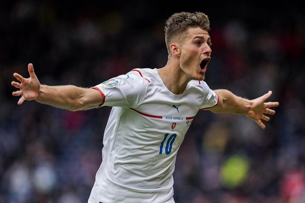 Euphoria!  The Czech national team member Patrik Schick celebrates a wonderful goal in the Scottish net in the EURO match.