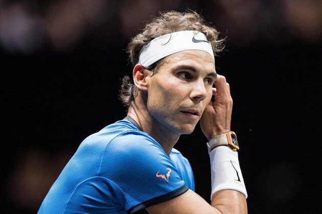 Rafael Nadal z týmu Evropy během zápasu s Jackem Sockem z týmu světa v rámci tenisového turnaje Laver Cup 2017.