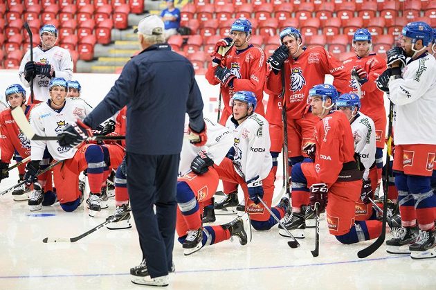 Hokejisté poslouchají pokyny trenéra Miloše Říhy v rámci letního kempu hokejové reprezentace