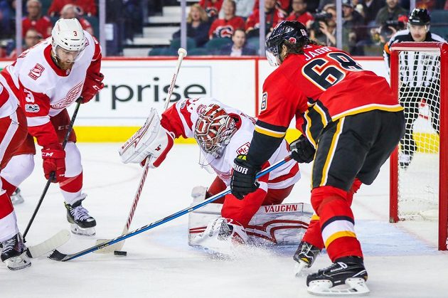 Útočník Jaromír Jágr v dresu Calgary zle zatápěl svému krajanovi Petru Mrázkovi v brance Detroitu během utkání NHL.