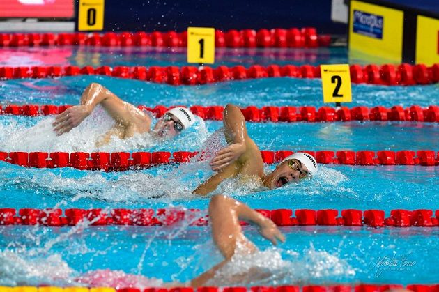 Čeští plavci Štemberk (vpředu) s Luňákem bojují o úspěch na evropském šampionátu