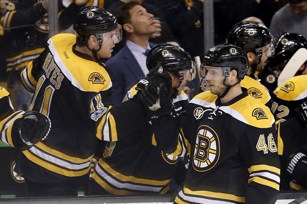Útočník Bostonu David Krejčí slaví se spoluhráči gól do sítě Detroitu v utkání NHL. Nakonec zaznamenal dvě branky a připsal si i jednu asistenci.
