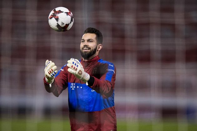 Brankář Tomáš Koubek během tréninku fotbalové reprezentace před zápasy s Norskem a Dánskem.