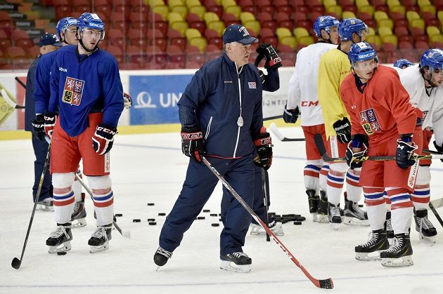 Nový trenér české hokejové reprezentace Vladimír Vůjtek udílí svým svěřencům pokyny na kempu v Jihlavě