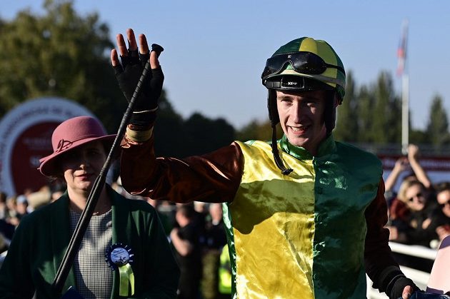 Jockey Pavel Složil rejoices in the victory in Velká Pardubická.
