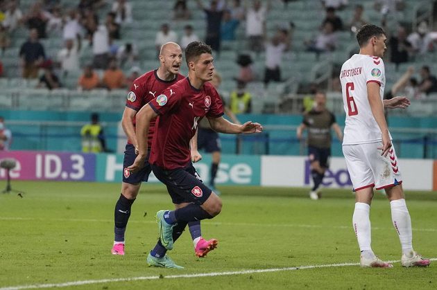 Czech football striker Patrik Schick see is about to celebrate his goal in the Danish net in the EURO quarterfinals.