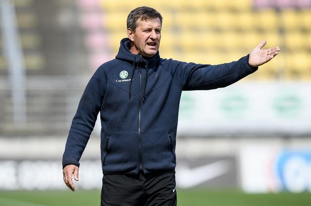 Trenér Příbrami Josef Csaplár diriguje své svěřence během utkání s Pardubicemi.