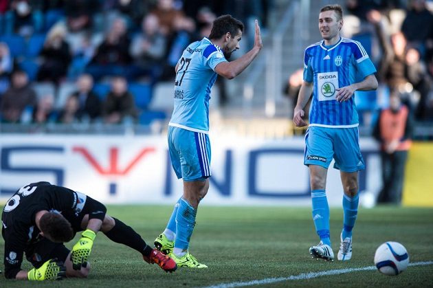 Útočník Mladé Boleslavi Milan Baroš oslavuje gól na 1:0 proti Baníku Ostrava.