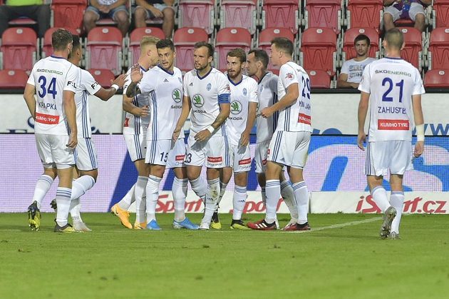 Mladá Boleslav players rejoice at the goal in Pilsen.