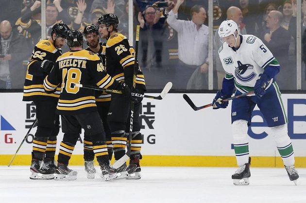 Hokejisté Bostonu se radují poté, co vstřelil útočník David Krejčí gól do sítě Vancouveru.