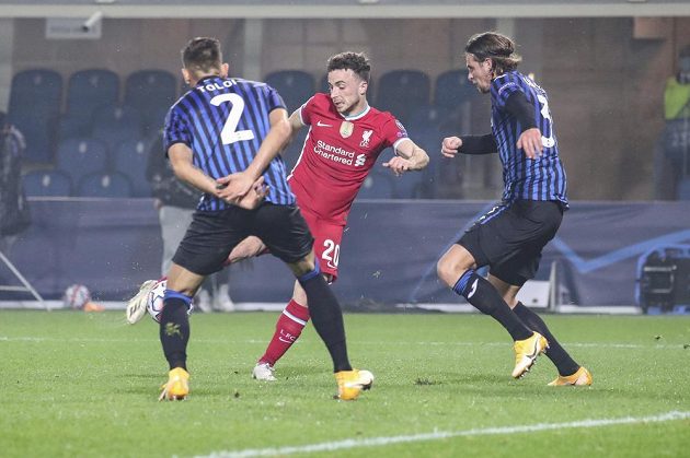 Diogo Jota (center) of Liverpool scores his second goal in the Champions League against Atalanta Bergamo. 