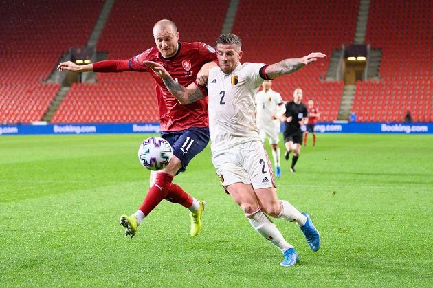 Czech forward Michael Krmenčík and Toby Alderweireld from Belgium during the World Cup 2022 qualification match in Qatar.