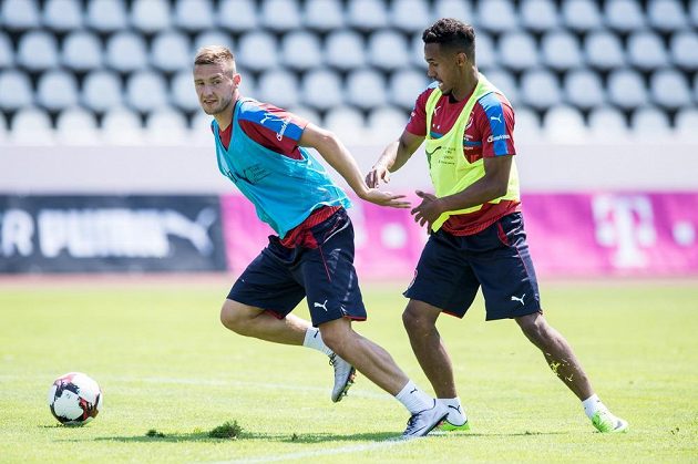 Pavel Kadeřábek (vlevo) a Theodor Gebre Selassie během tréninku fotbalové reprezentace před zápasy v Belgii a v Norsku.