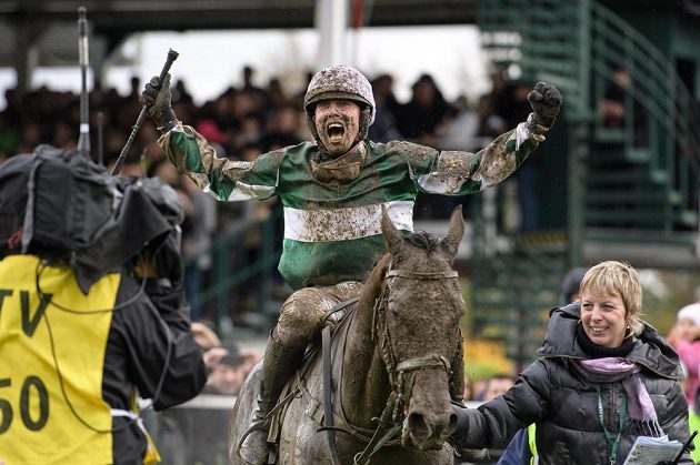 Vítězný žokej Jan Kratochvíl oslavuje v sedle hnědáka No Time To Lose v cíli Velké pardubické.