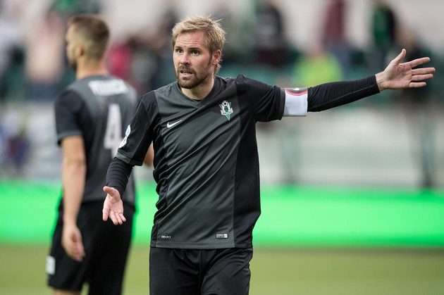 Jablonecký obránce Tomáš Hübschman během utkání 8.kola HET ligy na hřišti Bohemians 1905.