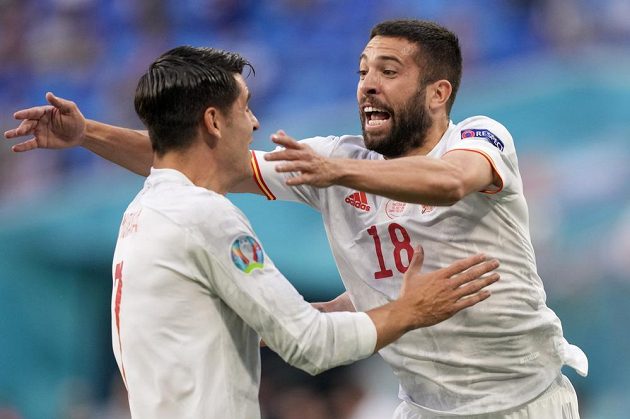 Goal celebration in the EURO quarterfinals by Spanish footballers Jordi Alba and Alvaro Morata.