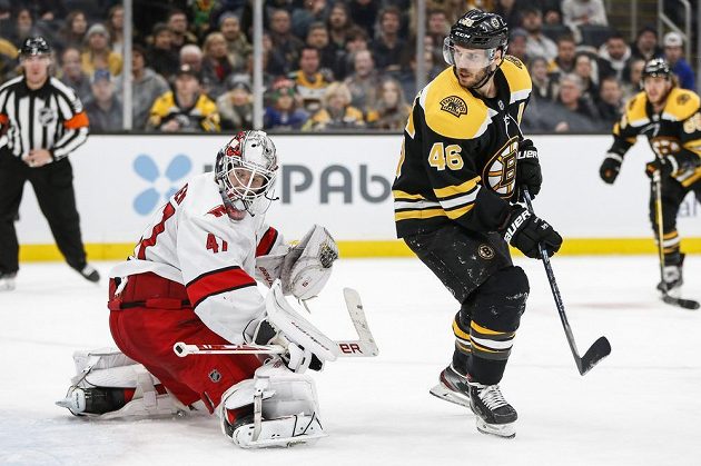 Český hokejový útočník David Krejčí z týmu Boston Bruins chytrou tečí překonal gólmana Caroliny Hurricanes Jamese Reimera (47).