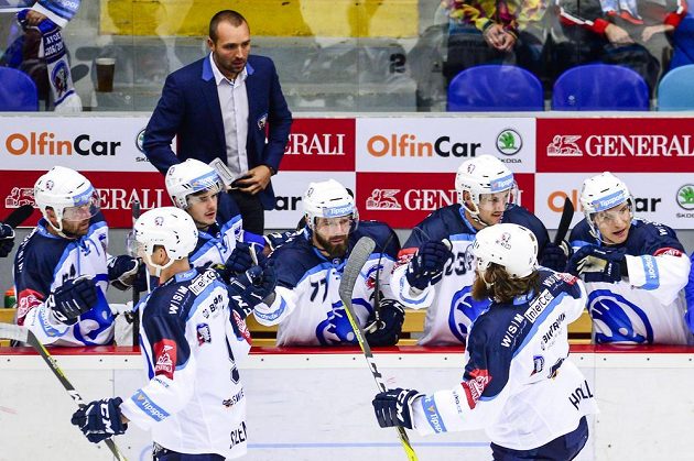 Střelec gólu Ryan Hollweg (dole vpravo) z Plzně se raduje se spoluhráči ze střídačky.