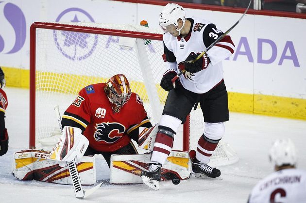 Hokejista Arizony Coyotes Carl Soderberg zkouší rozhodit českého gólmana Davida Ritticha z Calgary Flames.