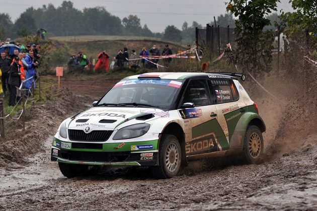 Jan Kopecký se Škodou Fabia S2000 při Polské rallye 2013.