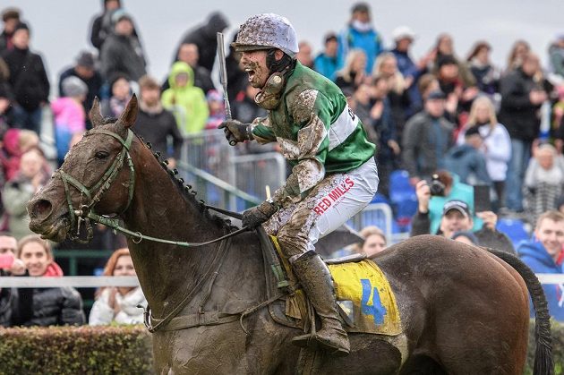 Žokej Jan Kratochvíl na koni No Time To Lose oslavuje vítězství ve Velké pardubické.