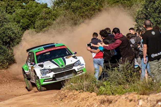 Jan Kopecký se Škodou Fabia R5 při ostrém testu před startem Španělské rallye.